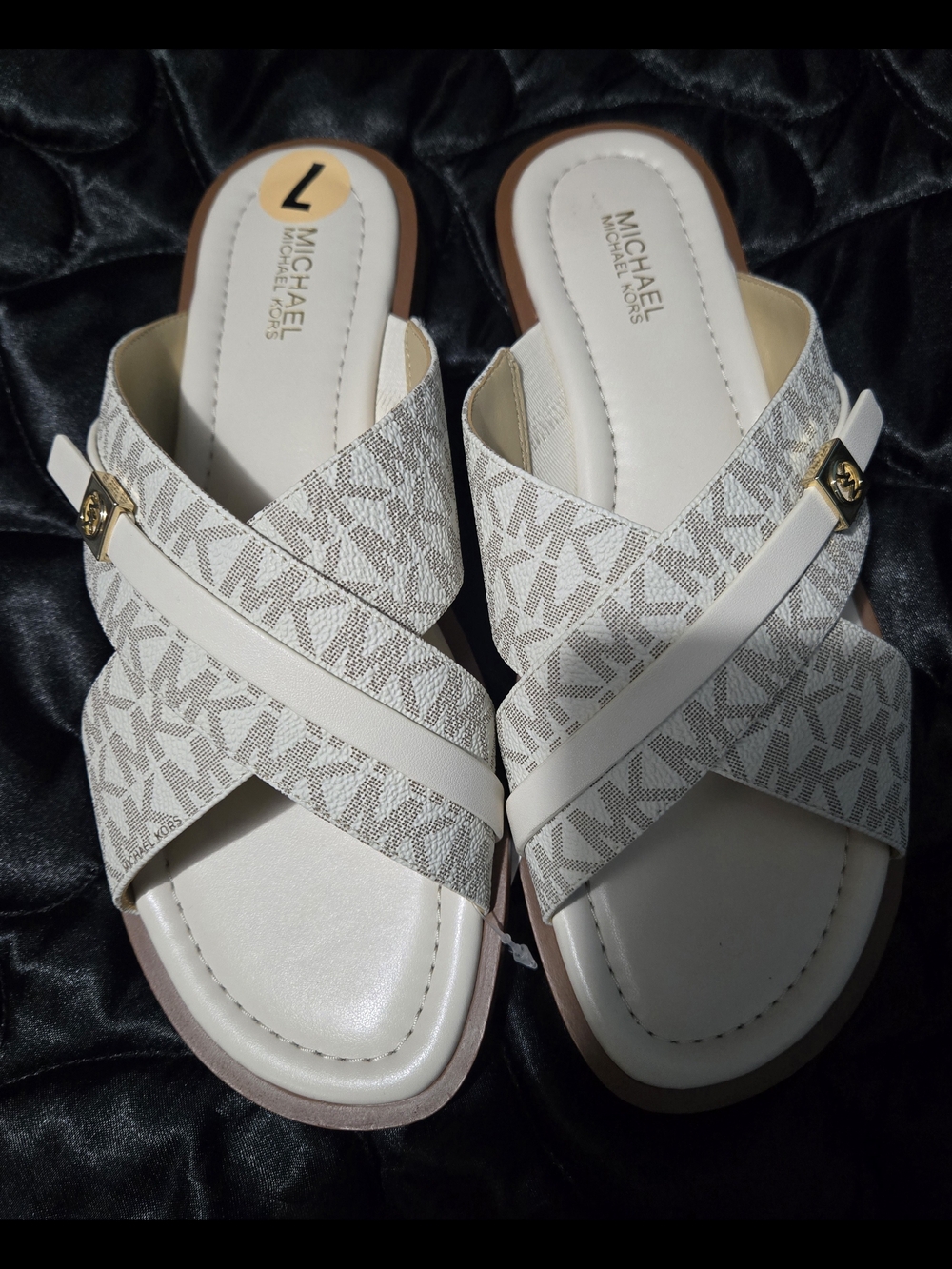Michael Kors Cream and Tan Logo Crisscross Slide Sandals Size 7